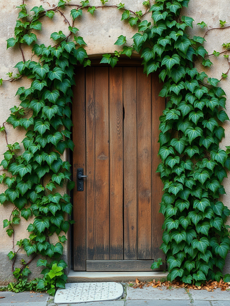 Regenerate the image of a weathered wooden door framed by lush green vines on an aged wall, using a DSLR camera with a 50mm lens at f/2.8, shooting from a 45-degree angle, with soft natural lighting for enhanced details and vibrant colors.