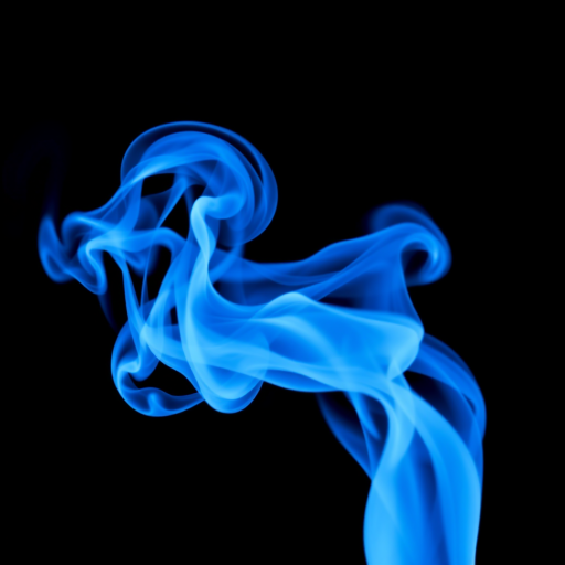 Generate a digital abstract image of swirling blue smoke with a high contrast black background, captured using a DSLR camera at ISO 200, f/2.8, 1/60 sec, 50mm lens, with a macro view and vibrant color enhancement.