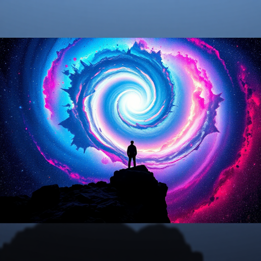 Create a vibrant cosmic swirl galaxy scene with a silhouette of a person standing on a rocky cliff, featuring vivid colors like blues, pinks, and oranges, captured with a Canon EOS R5, 24mm f/1.4 lens, ISO 100, f/8, 1/250s, with a wide-angle view and high dynamic range for enhanced detail and contrast.