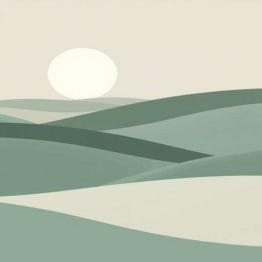 create a minimalist landscape illustration featuring rolling hills in various shades of green and gray with a large circular moon in the background, use a soft focus lens with a wide aperture of f/2.8, shot from a low angle perspective to emphasize the curves of the hills, apply a pastel color palette for a serene atmosphere, camera type: digital mirrorless, camera view: landscape orientation