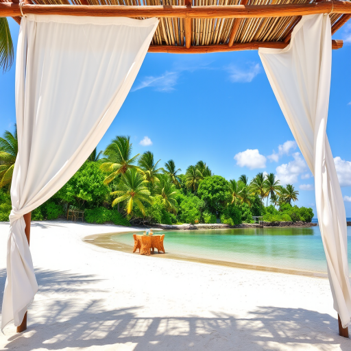Create a picturesque tropical beach scene featuring a serene, white sandy shore. In the foreground, there's a rustic wooden canopy with white drapes gently flowing in the breeze. Underneath the canopy, a table is set with tropical decor, evoking a sense of relaxation and leisure. The beach extends into a calm, shallow water area with reflections of the sky and surroundings. Palm trees and lush greenery line the edge of the beach, providing a natural, tropical backdrop. The sky is clear with a few scattered clouds, and the overall atmosphere is tranquil and inviting, perfect for a peaceful retreat.