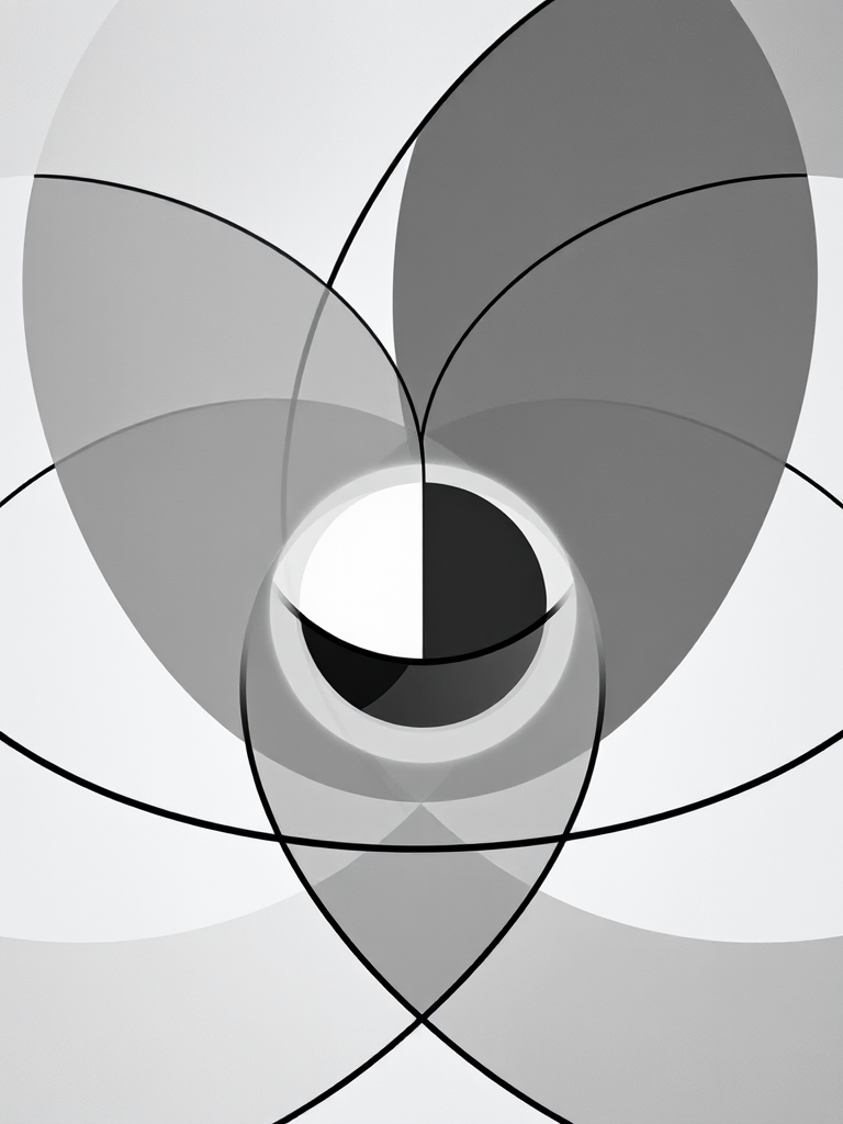Generate an abstract geometric design featuring overlapping circles and lines with a monochromatic color scheme, taken with a DSLR camera at f/8 aperture, 1/125 shutter speed, using a 50mm lens, in high dynamic range style.