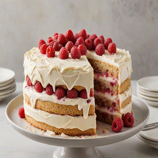 Create an image of a multi-layered cake with a light, fluffy texture. The cake should have layers filled with raspberry jam and a creamy frosting on top. Decorate the cake with fresh raspberries and sliced almonds on the sides, showcasing the colorful layers and a smooth finish. The background should be simple and neutral to highlight the cake.