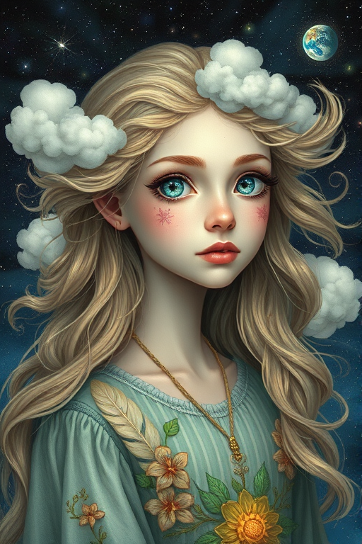 Create a series of imaginative portraits where each subject is infused with elements of fantasy and nature. The hair of the individuals should flow like clouds, varying from soft, fluffy cumulus to wispy cirrus strands, with hints of color reflecting a sunset or a clear blue sky. The eyes should be windows to entire galaxies, with stars, nebulae, and distant planets visible within them. Clothing should be adorned with nature motifs, such as floral patterns that bloom and change, vines that seem to grow and wrap around, or feathers that shimmer with iridescence. Each portrait should capture a unique personality, blending human features with the ethereal beauty of the natural and cosmic world. The backgrounds can vary, from starry night skies to enchanted forests, adding depth and context to the magical realism of the portraits