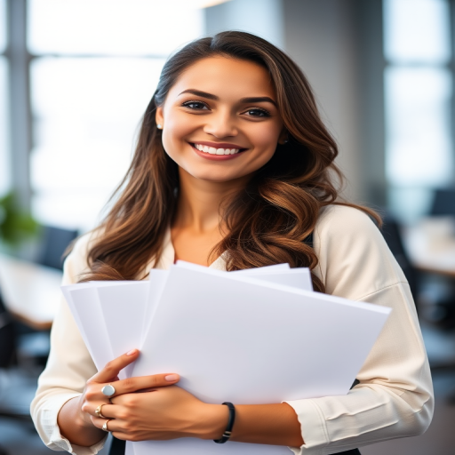 portrait of a smiling woman holding documents in a modern office setting, soft lighting, shallow depth of field, lens: 50mm, aperture: f/1.8, ISO: 200, shutter speed: 1/250s, camera type: DSLR, view: eye level, natural looking skin tones