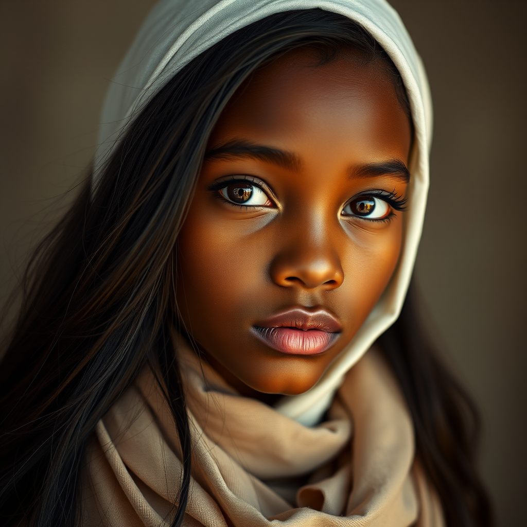 Create a portrait of a young Afro-Caribbean female with long, dark hair and captivating hazel eyes. She is wearing a white headscarf and a matching scarf draped gracefully around her neck. The background is softly blurred, focusing attention on her serene and natural expression. The overall color palette is muted and warm, enhancing the intimate and authentic feel of the portrait.