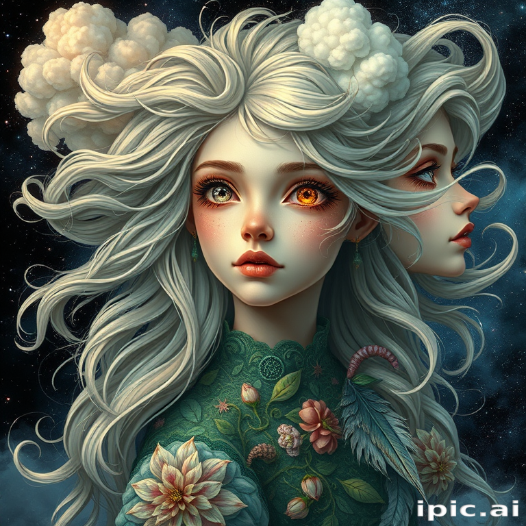 Create a series of imaginative portraits where each subject is infused with elements of fantasy and nature. The hair of the individuals should flow like clouds, varying from soft, fluffy cumulus to wispy cirrus strands, with hints of color reflecting a sunset or a clear blue sky. The eyes should be windows to entire galaxies, with stars, nebulae, and distant planets visible within them. Clothing should be adorned with nature motifs, such as floral patterns that bloom and change, vines that seem to grow and wrap around, or feathers that shimmer with iridescence. Each portrait should capture a unique personality, blending human features with the ethereal beauty of the natural and cosmic world. The backgrounds can vary, from starry night skies to enchanted forests, adding depth and context to the magical realism of the portraits