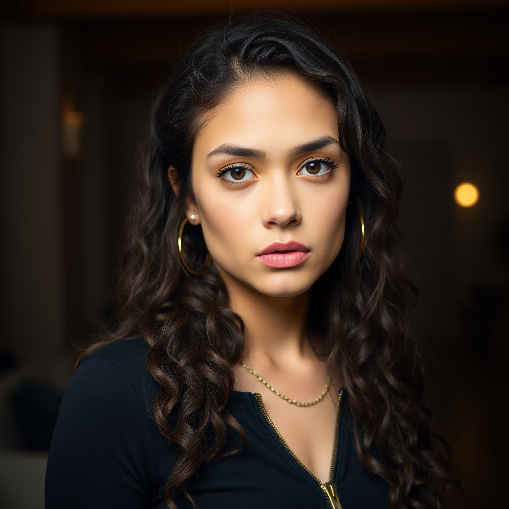 A young woman with long, curly brown hair is looking directly at the viewer. She is wearing a black top with a zipper down the front. The setting is a dimly lit interior space, with a warm, golden light emanating from the background. Her expression is neutral, with a hint of seriousness. The image is a close-up portrait with a shallow depth of field, focusing on the woman's face and torso. The background is blurred, creating a soft and intimate atmosphere.  She is wearing large gold hoop earrings, and a small gold chain is visible around her neck.  Her makeup is natural and simple, highlighting her brown eyes. The lighting creates subtle shadows that accentuate her features.  Her skin is smooth and glows in the soft light. The composition is balanced, with the woman's face positioned in the center of the frame.  The image is focused on capturing her beauty and confidence.