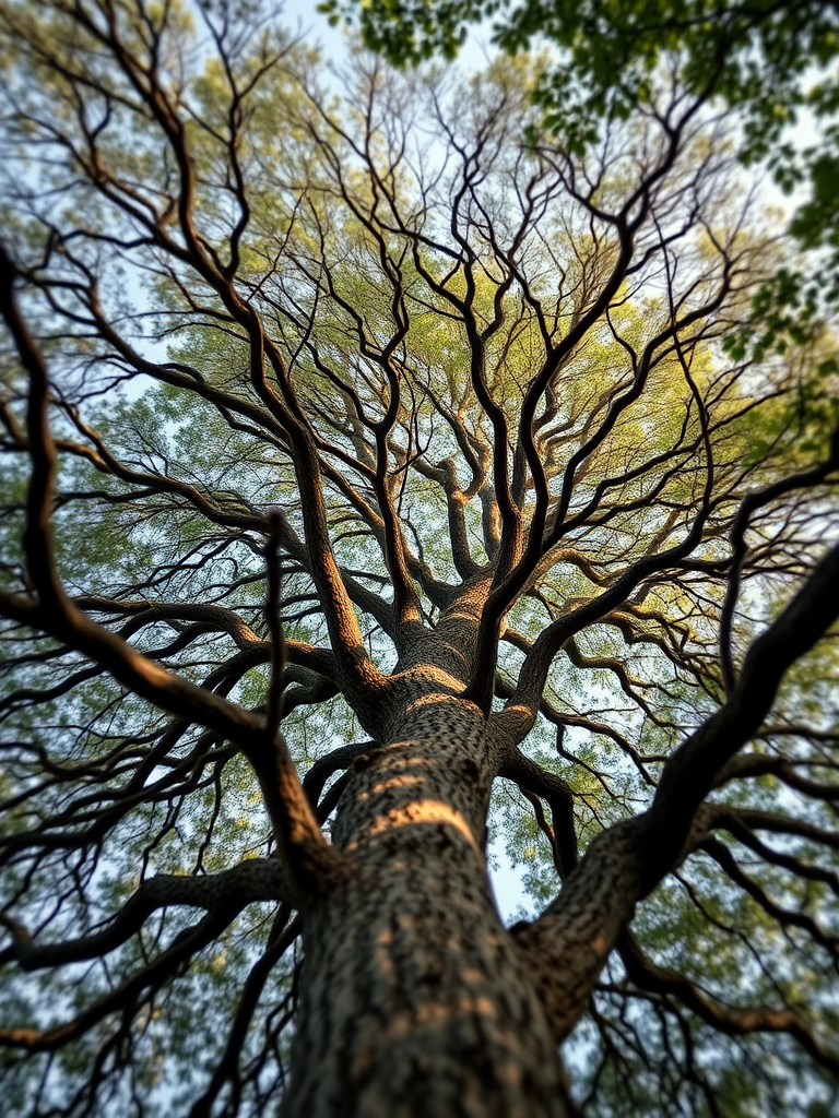 generate a highly detailed illustration of a tree with intricate branches, camera settings: f/8 aperture, ISO 100, shutter speed 1/250, camera view from a low angle, camera style: realistic, camera type: DSLR
