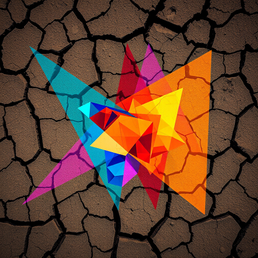 Generate an abstract image with vibrant colors and geometric shapes on a textured cracked earth background, using a DSLR camera with a 50mm lens, aperture set at f/2.8, ISO 100, and a slight vignette effect.