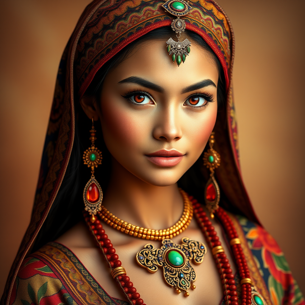 Create a portrait of a beautiful Polynesian woman with striking red eyes and a gentle expression. She is adorned in traditional attire with intricate patterns, including a richly embroidered headscarf and matching garments. Her jewelry includes a delicate headpiece, dangling earrings, and ornate bracelets, all featuring vibrant gemstones and detailed metalwork. The background is soft and warm, enhancing the rich colors of her outfit and jewelry.