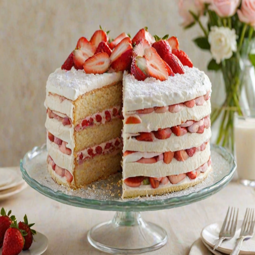 Create an image of a multi-layered cake with thin, delicate layers, showcasing a light and creamy filling. The cake should be elegantly displayed on a glass cake stand with a few fresh strawberries on top and light dusting of powdered sugar. Include soft, pastel-colored flowers in the background for a charming touch.
