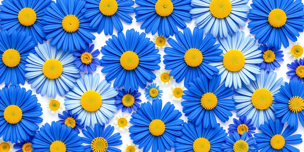 Create a vibrant pattern of various blue flowers with yellow centers on a white background, using a Canon EOS R5 camera, aperture f/5.6, shutter speed 1/200s, ISO 100, with a top-down flat lay view and vibrant color settings to enhance detail and clarity.