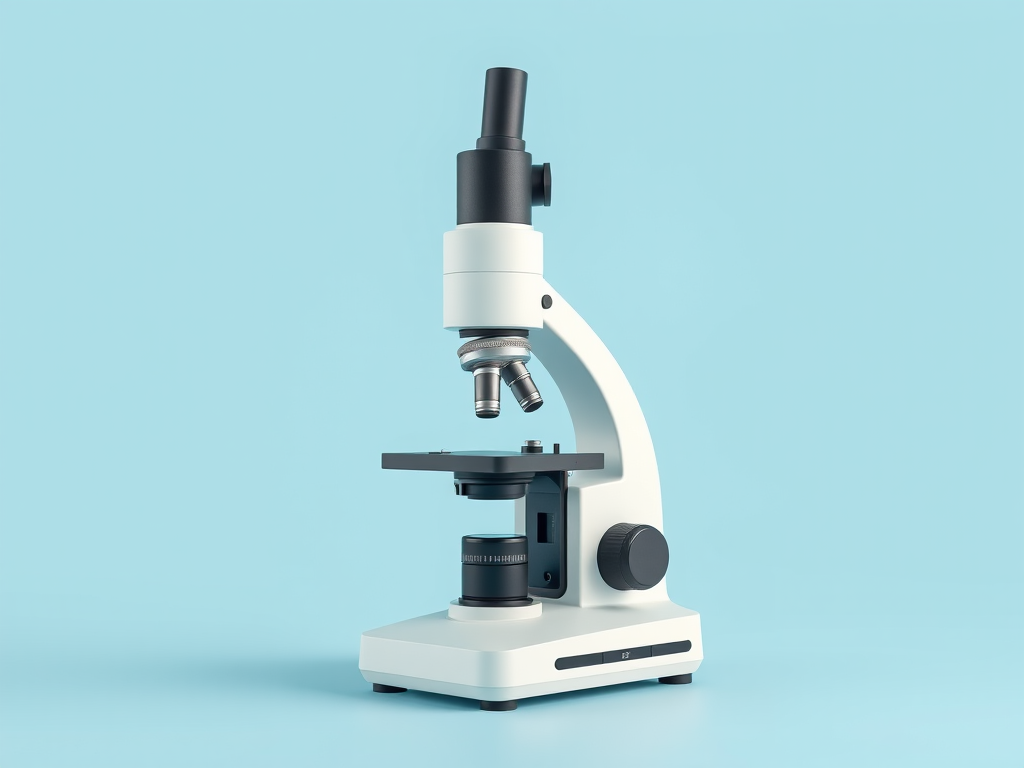 high-resolution illustration of a modern microscope on a light blue background, camera settings: ISO 100, f/8, shutter speed 1/60 sec, camera view: 45-degree angle, camera style: clean and minimalistic, camera type: digital SLR
