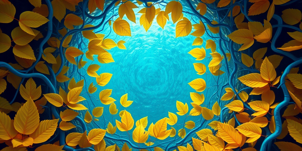 Create a vibrant digital artwork of a circular underwater scene surrounded by lush yellow and orange leaves intertwined with soft blue vines, using a 50mm lens, f/2.8 aperture, ISO 100, shot in a macro style with a high-resolution digital camera for enhanced clarity and color depth.