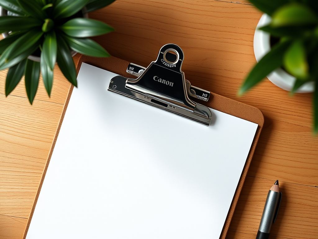Create a high-resolution image of a clipboard with a blank sheet of paper, using a Canon EOS 5D Mark IV camera, 50mm lens, f/2.8 aperture, ISO 100, shot from a top-down view, soft natural lighting to enhance details and colors.