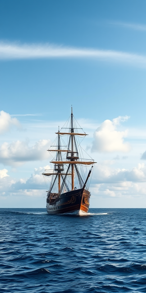A pirate ship sailing through calm waters under a partly cloudy sky, captured with a DSLR camera at f/8 aperture, 1/500 sec shutter speed, ISO 200, using a wide-angle lens at 24mm, elevated angle for a dynamic view.