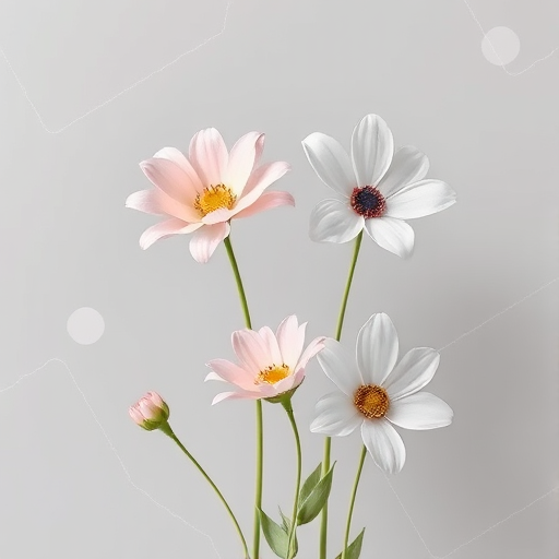 Create an illustration of stylized flowers with soft pastel colors against a subtle gray background featuring abstract shapes, using a Canon EOS R5 camera at f/8, ISO 100, 50mm lens, in soft natural light for enhanced detail and quality.