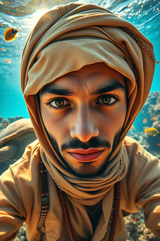 Realistic selfie image of a Sahrawi, wearing a vintage outfit, detailed dreamy eyes, droopy hooded eyes, staring at the camera, taken underwater at coral reef with a sunbeam filtering through the water, vibrant, summer vacation, natural lighting, turtle and school of tropical fish with vibrant colors, rendered in the style of CryEngine, Pegi Nicol MacLeod, with realistic genre scenes, hauntingly beautiful narratives, ultra-realism, and Thomas Saliot's close-up technique, 8K resolution, crystal clear and sparkling water.