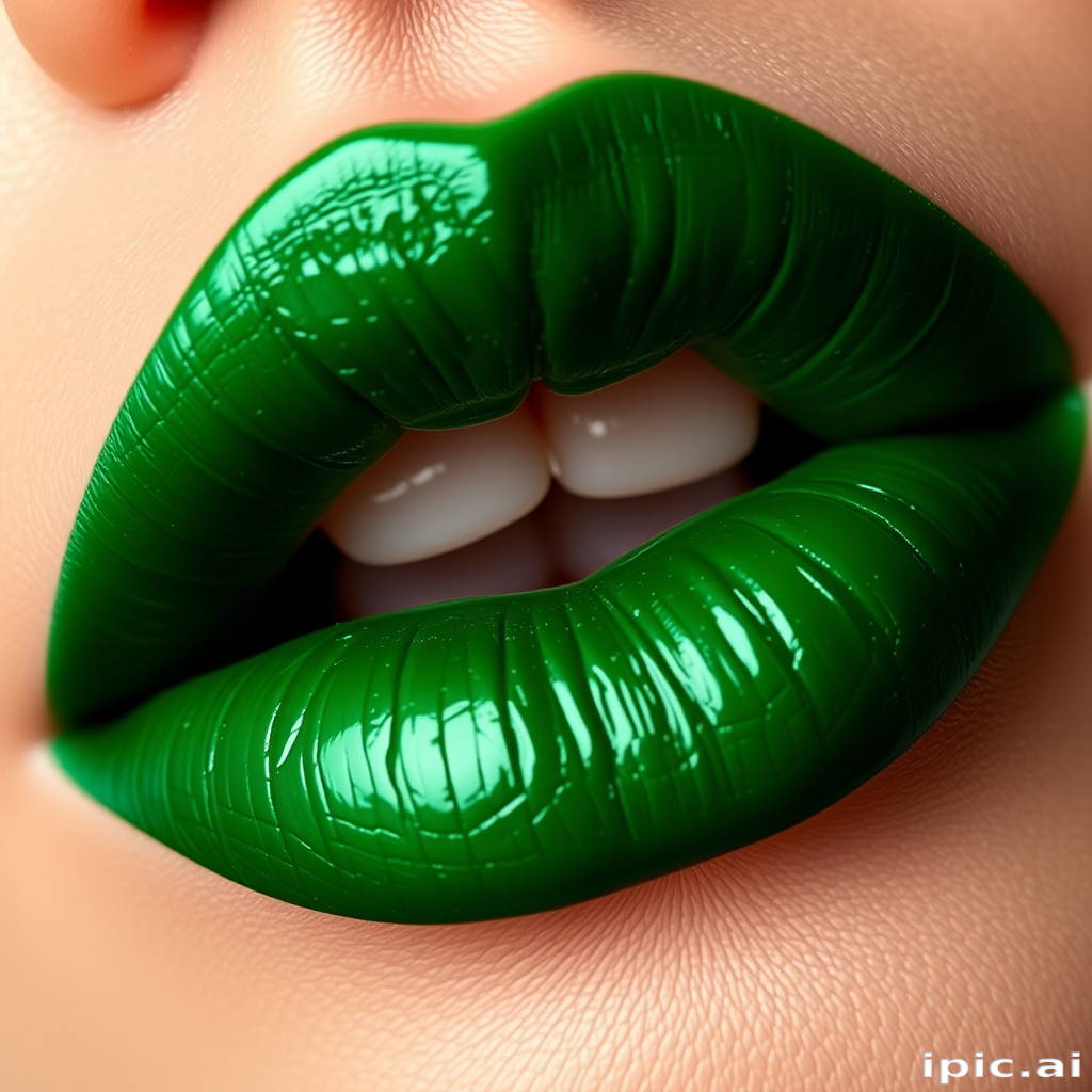 Enchanting emerald green lips captivate with their rich jewel tone, boasting a satiny finish that adds depth and intrigue to the unusual color