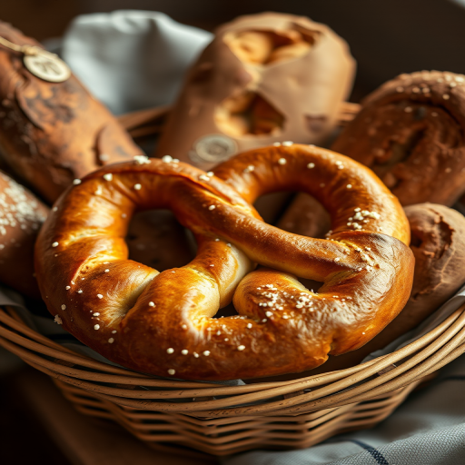 A basket filled with various types of bread, including a large pretzel, with soft lighting; shot with a Canon EOS R5 at f/4, ISO 100, 50mm lens, and a shallow depth of field for enhanced focus on the bread textures.