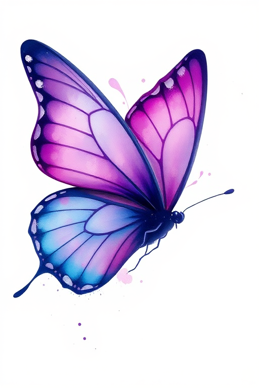 Create an artistic illustration of a butterfly with large wings. The wings should be a blend of vibrant purple and blue hues, featuring delicate swirls and splashes of watercolor effects. The background should be soft and light, enhancing the ethereal quality of the butterfly.