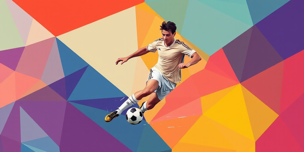Regenerate an illustration of a dynamic soccer player in an abstract geometric background with vibrant colors, using a DSLR camera with a 50mm lens, f/1.8 aperture, 1/200s shutter speed, maintaining a sharp focus on the player while softly blurring the background.