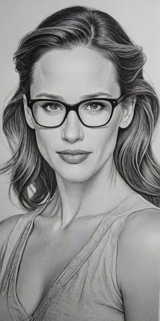 Captivating Jennifer Garner, pencil sketch, portrait of Pleasing woman 1938s in glasses, hair style beatnik, outline, clear lines, fine lines, 8k