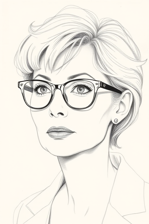 Beautiful Helen Mirren, pencil sketch, portrait of beautiful woman 60s in glasses, hair style beatnik, outline, clear lines, fine lines, 8k