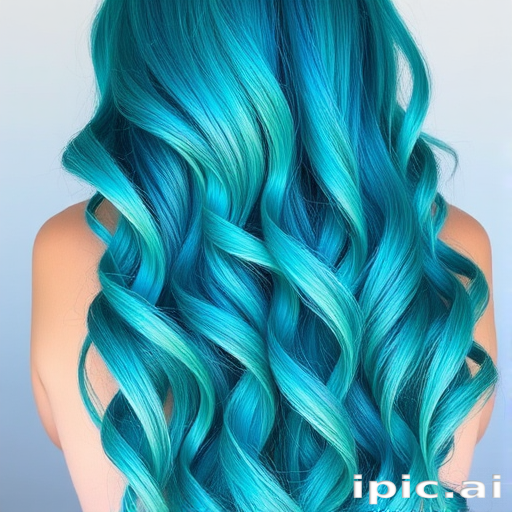 Vibrant teal mermaid waves cascade down to the waist, shimmering with iridescent highlights and styled in loose beachy curls, exuding an ethereal and enchanting aura
