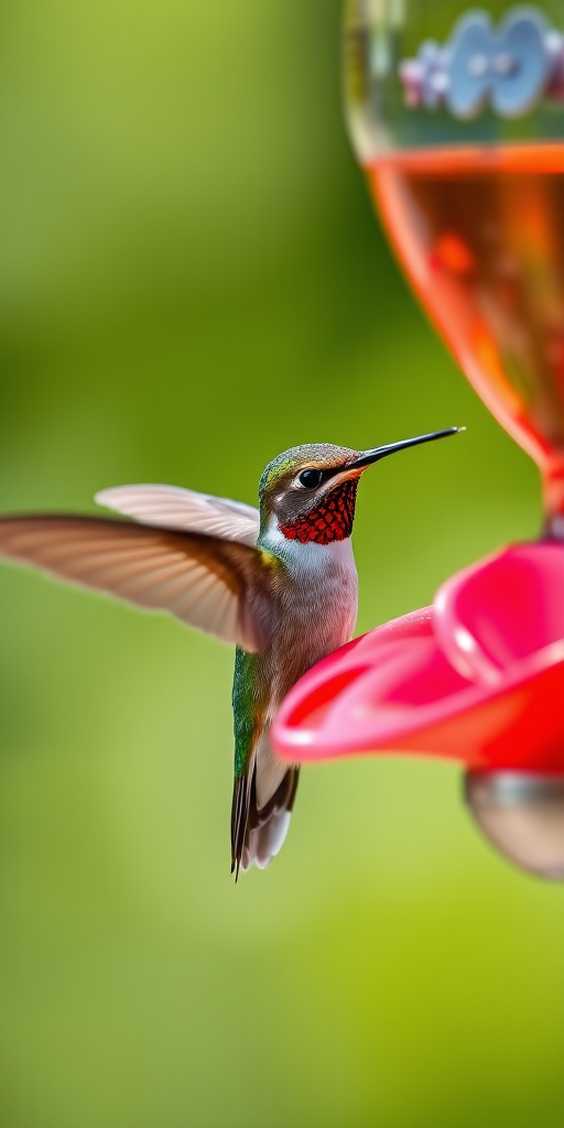 Capture a close-up photograph of a hummingbird feeding at a flower-shaped feeder with a shallow depth of field, ISO 400, f/2.8, 1/1000 sec, using a DSLR camera, 200mm lens, natural lighting, and a focus on the bird's detailed feathers and vibrant colors.