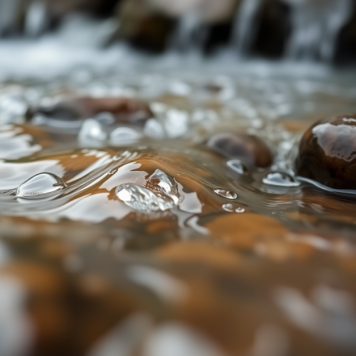 capture a close-up of flowing water over rocks with a shallow depth of field, f/2.8 aperture, 1/250 sec shutter speed, ISO 200, natural light, DSLR camera, macro lens for enhanced detail and texture in the water droplets