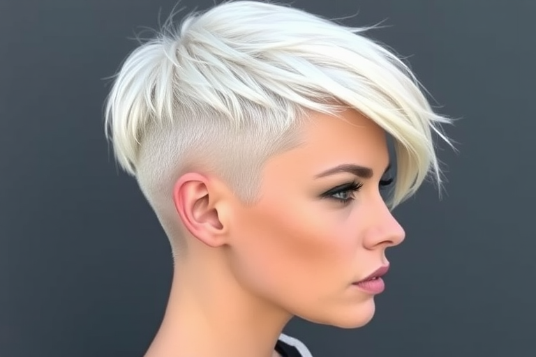 Striking platinum blonde pixie cut with asymmetrical bangs, dubbed "Arctic Frost," boasting shaved sides and a textured crown for an edgy yet sophisticated look