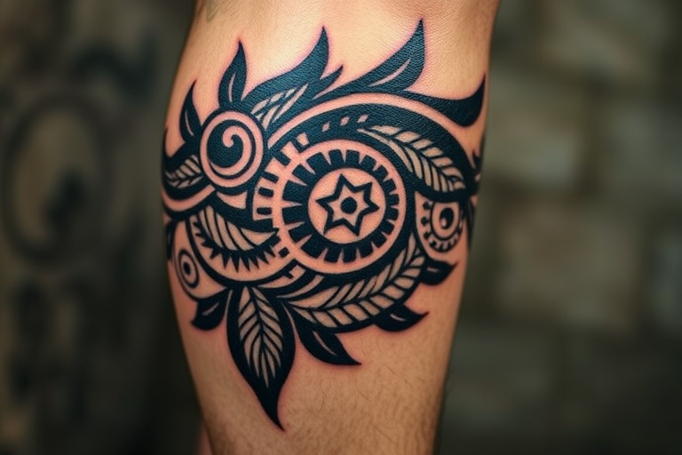 Polynesian-inspired tribal tattoo wrapping around the calf, featuring bold black patterns and symbols telling a personal story through traditional motifs