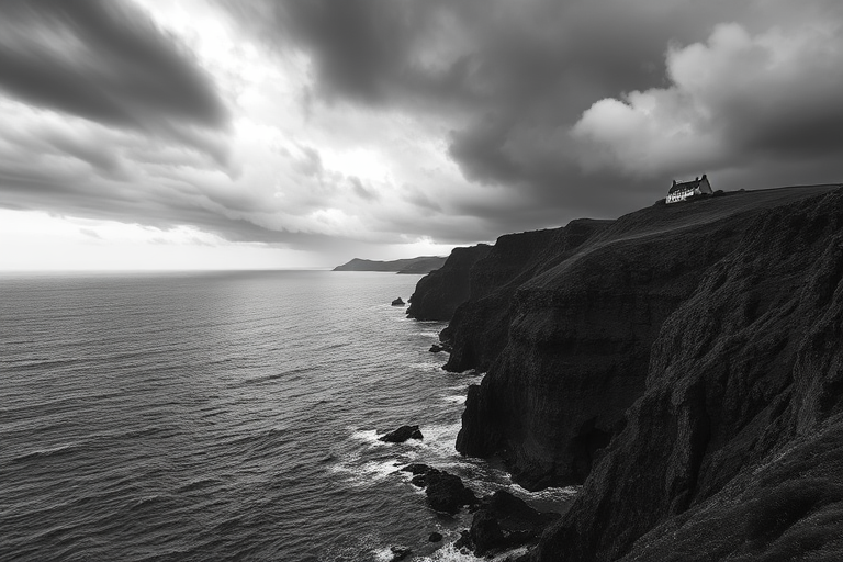 A dramatic black and white landscape of a coastal scene with rugged cliffs and a stormy sky, featuring a distant house on the hillside, captured with a Nikon D850, 24mm f/11, ISO 100, 1/125 sec, with a wide-angle lens for depth and sharpness.