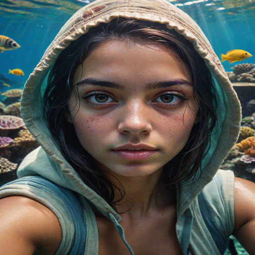 Realistic selfie image of a Tongan, wearing a vintage outfit, detailed dreamy eyes, droopy hooded eyes, staring at the camera, taken underwater at coral reef with a sunbeam filtering through the water, vibrant, summer vacation, natural lighting, turtle and school of tropical fish with vibrant colors, rendered in the style of CryEngine, Pegi Nicol MacLeod, with realistic genre scenes, hauntingly beautiful narratives, ultra-realism, and Thomas Saliot's close-up technique, 8K resolution, crystal clear and sparkling water.