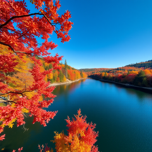 Generate an aerial view of a serene lake surrounded by vibrant autumn trees, capturing bright reds, oranges, and yellows, with a clear blue sky above, using a DSLR camera at ISO 100, f/8 aperture, 1/200s shutter speed, and a wide-angle lens.