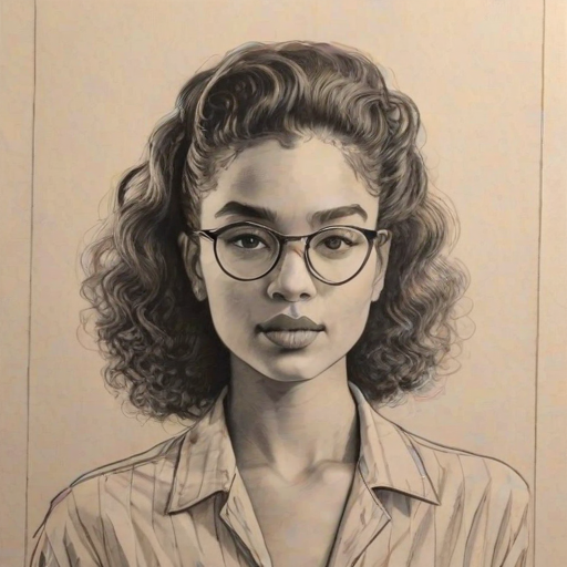 Pleasing Indya Moore, pencil sketch, portrait of Wonderful woman 1942s in glasses, hair style beatnik, outline, clear lines, fine lines, 8k