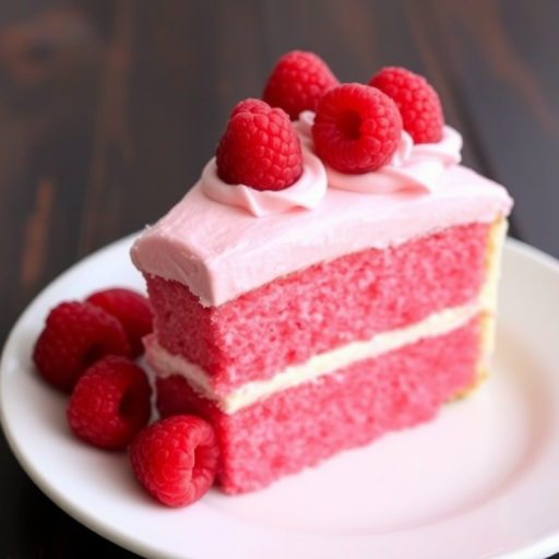 A delicious slice of raspberry cake featuring a vibrant pink sponge layer topped with fluffy raspberry cream frosting garnished with fresh raspberries served on a white plate with a dark wooden background.