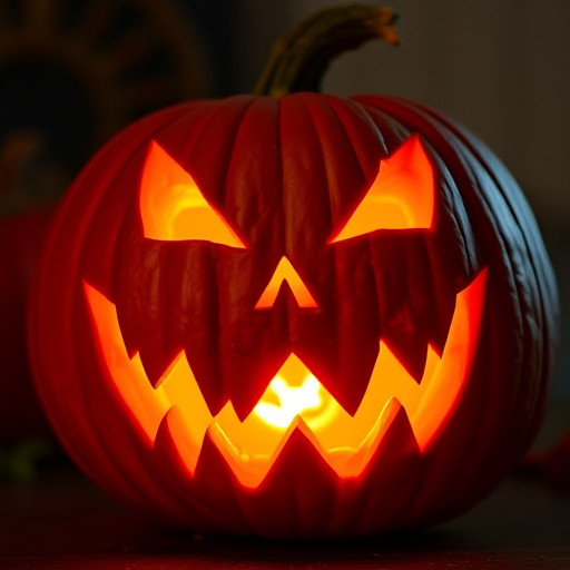 Generate an image of a carved Halloween pumpkin with menacing eyes and a jagged grin, lit from within to create a warm glow, shot using a DSLR camera at f/2.8 aperture, ISO 100, 50mm lens, macro view, soft focus background to enhance the pumpkin's details.