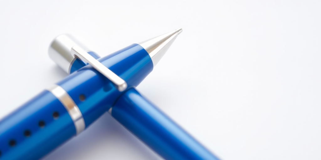 generate a high-resolution image of a blue pen with a silver clip and dotted grip, using a 50mm lens, aperture f/2.8, ISO 100, in a macro view on a plain white background, with natural soft lighting to enhance the details