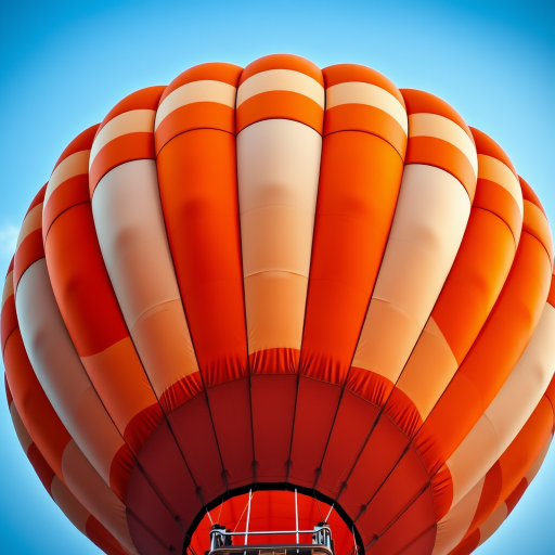 Create an illustration of a hot air balloon with bold orange and white stripes, captured from a low angle to emphasize its height, using a digital camera with a focal length of 35mm, aperture set to f/8 for depth of field, and a slight vignette effect to draw focus to the balloon.