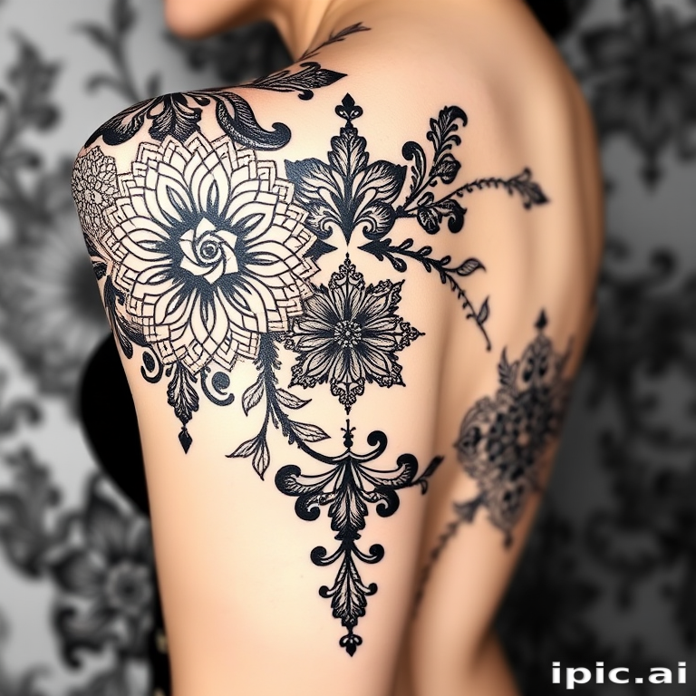 Ornamental blackwork tattoo named "Lace Elegance" showcasing intricate patterns and motifs inspired by delicate lace designs creating a feminine and sophisticated look with bold black ink