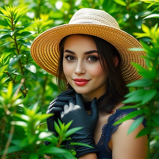 Portrait of a woman wearing a straw hat and gloves surrounded by lush green foliage, natural light, aperture f/2.8, ISO 100, 50mm lens, soft focus, taken with a DSLR camera.