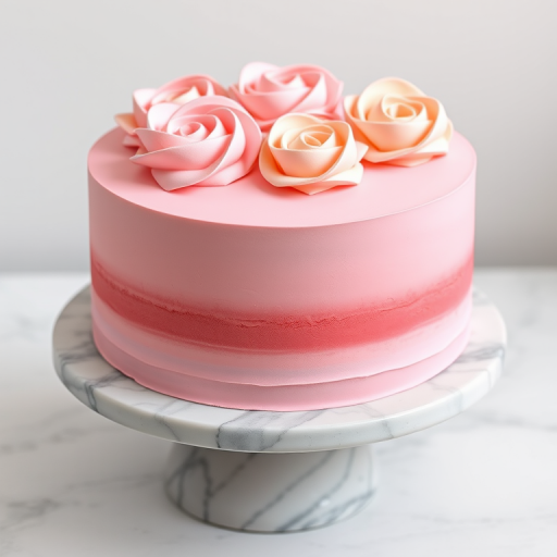 Create an image of a round cake with smooth pink ombre frosting and decorated with swirls of pink and peach buttercream flowers on top. The cake is placed on a marble cake stand and has a minimalist design with a clean finish.