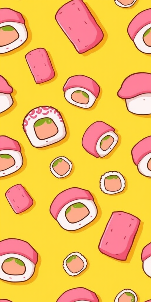 create a seamless pattern of cartoon sushi rolls with pink and white colors on a mustard yellow background, captured with a Canon EOS R5, 50mm lens, f/2.8 aperture, ISO 100, in vibrant color style.