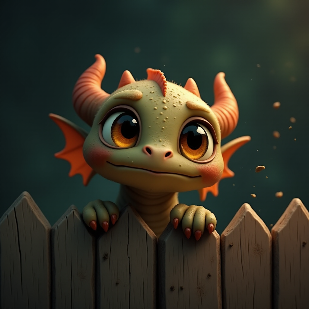 A small, scruffy cartoon-like dragon peers over a wooden fence with wide, expressive amber eyes, giving it an endearing look. The dark, muted background with streaks of faded color adds to the atmosphere of vulnerability and longing. The dragon's oversized eyes, full of emotion, draw the viewer in, evoking a sense of empathy and tenderness. Flecks of light and small bits of debris gently float through the scene, creating a soft, melancholic mood as the dragon waits patiently for comfort.