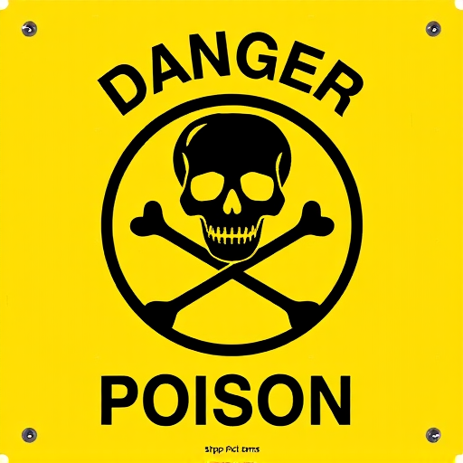 Create a high-resolution image of a warning sign with a yellow background featuring a black skull and crossbones, the text "DANGER" at the top and "POISON" at the bottom, using a DSLR camera with a 50mm lens, aperture set to f/5.6, shutter speed 1/125s, and ISO 100 to ensure clarity and vibrancy.