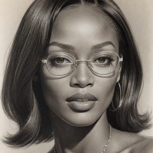 Magnificent Naomi Campbell, pencil sketch, portrait of Fascinating woman 1938s in glasses, hair style beatnik, outline, clear lines, fine lines, 8k