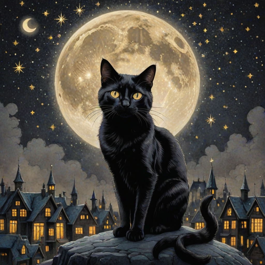 a stylized black cat with iridescent golden arabesques all over its body, on a grungy smoky black background with matching celestial designs, a full moon with silhouettes of lit houses, bright shooting stars, dazzling, magical BG, reminiscent of Christmas wonderland
